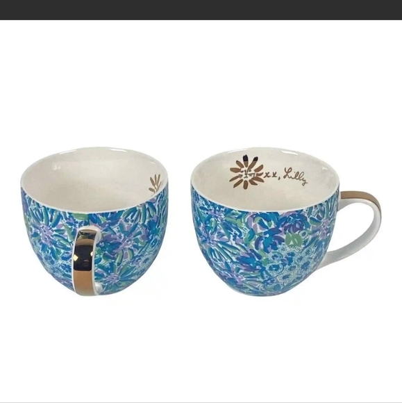 Lilly Pulitzer High Manetenance Ceramic Mugs Blue Lilly Print Set 2 - Picture 3 of 4